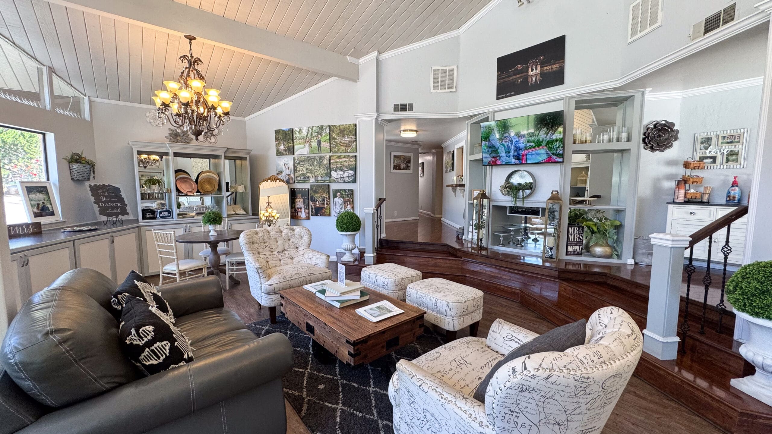 Display of rental items offered at Los Willows wedding venue in Fallbrook, California — featuring a variety of chairs, tables, linens, signage, and elegant décor pieces available for wedding celebrations